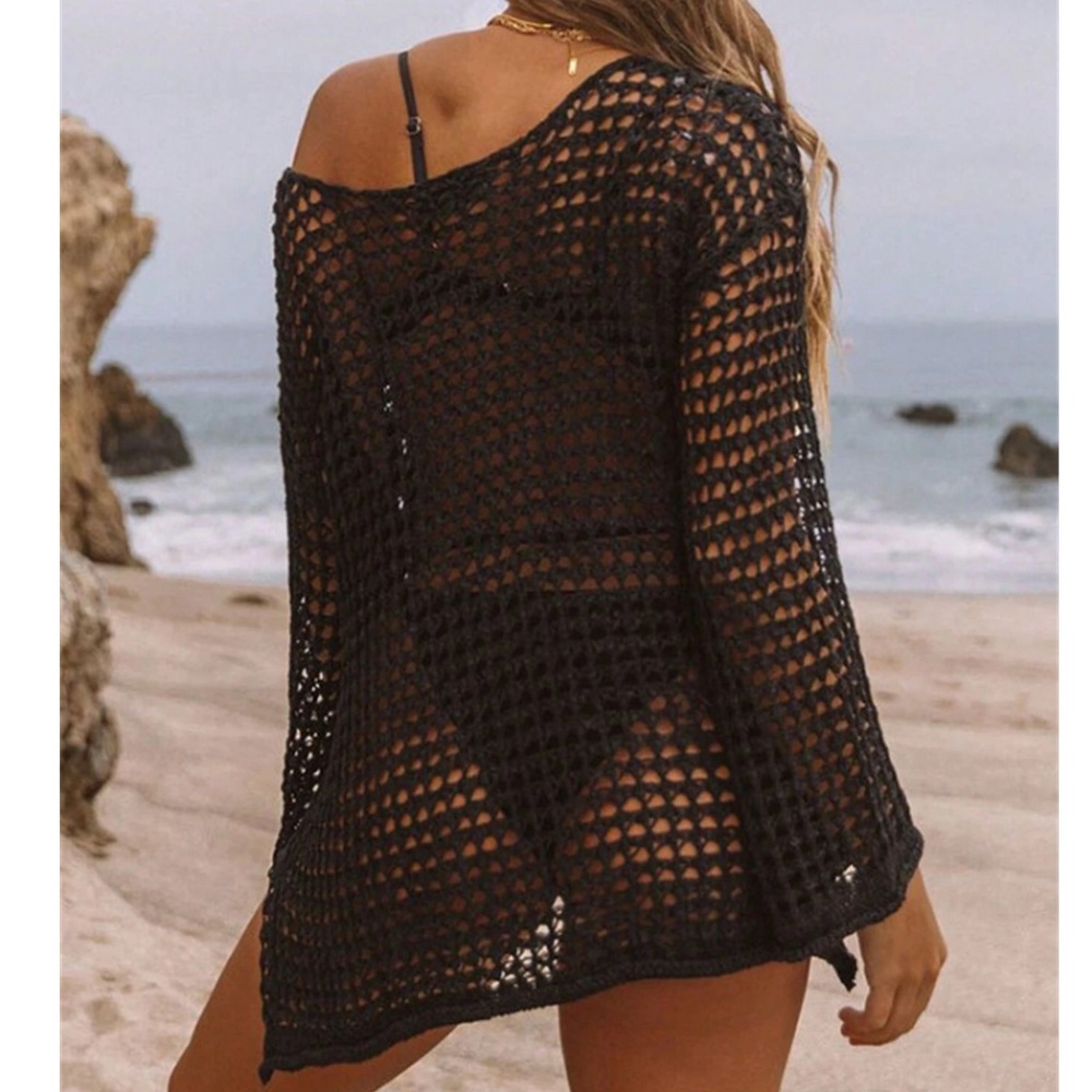Crochet Loose Fit Sheer Long sleeve Beach Cover up Top - Picture 8 of 12